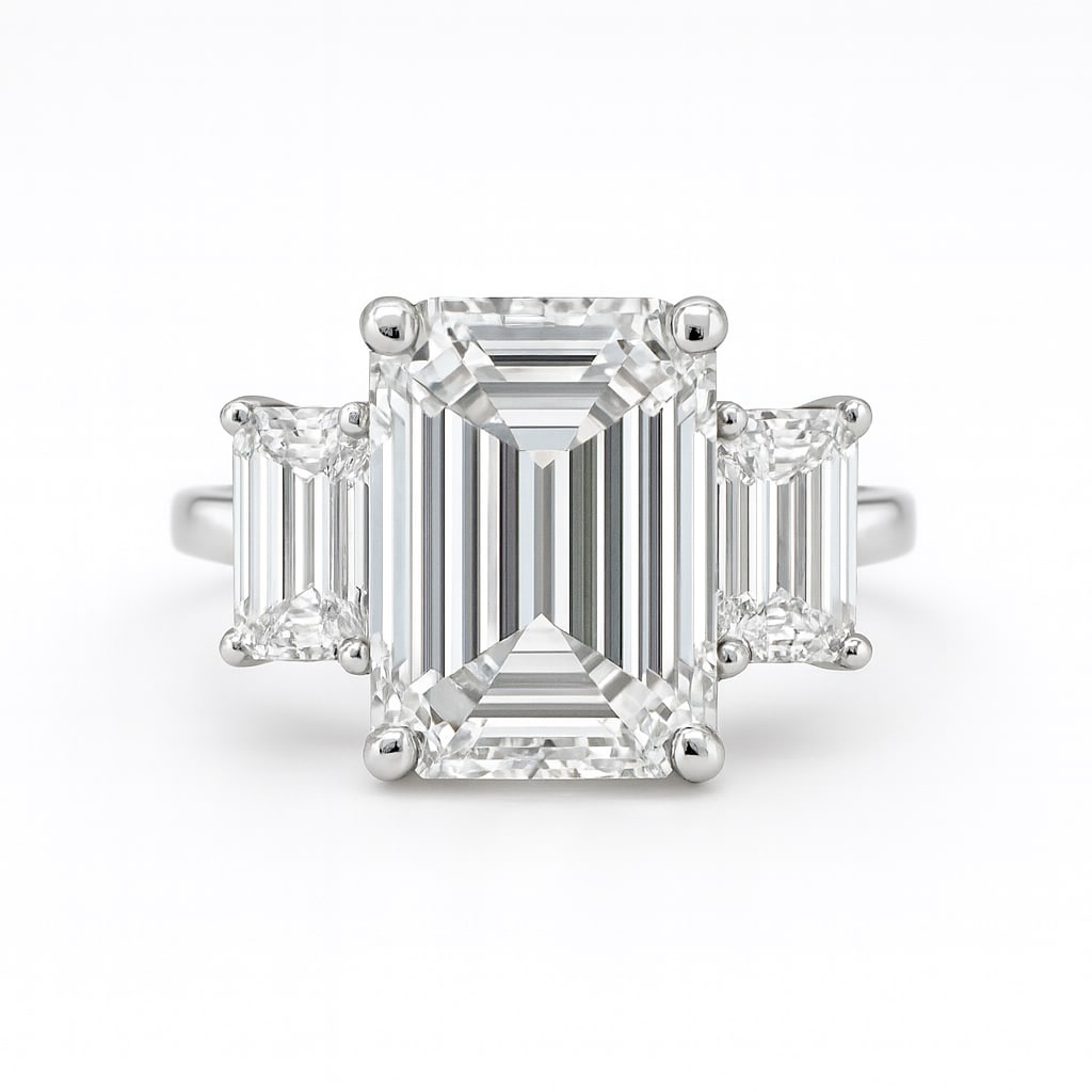 7.50 CT Lab Grown Emerald Cut Diamond Three-Stone Ring in 14K White Gold: Stunning 7.50 carat lab grown emerald cut diamond centerpiece, flanked by two matching emerald cut side stones for a bold three-stone design. Crafted in 14K white gold with a high-polish finish, this 