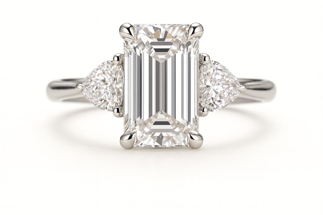 7.50 CT Lab Grown Emerald Cut Diamond Three-Stone Ring in 14K White Gold: Elegant 7.50 carat lab grown emerald cut diamond centerpiece, flanked by two matching pear-shaped side stones for a refined three-stone look. Crafted in 14K white gold with a polished finish, this rin