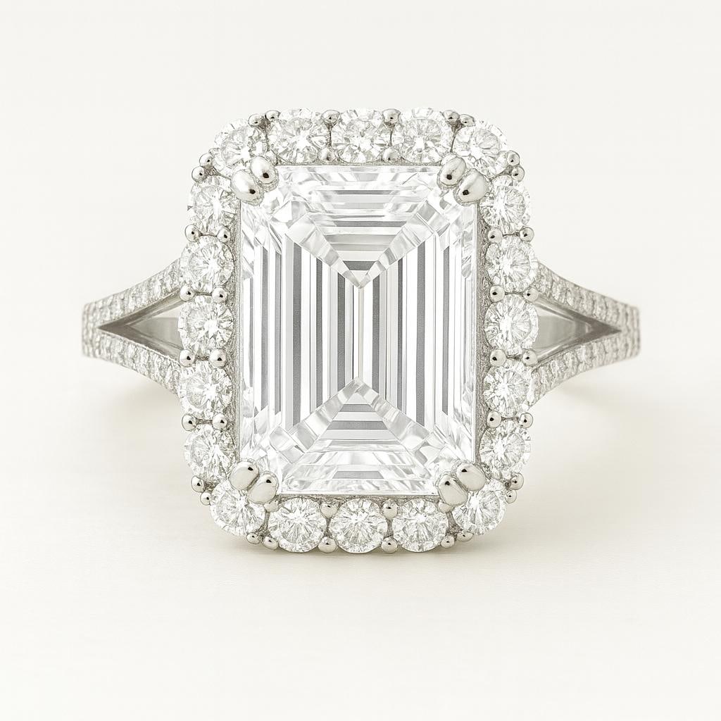 5.00 CT Lab Grown Emerald Cut Diamond Halo Ring in 14K White Gold: Elegant 5.00 carat lab grown emerald cut diamond centerpiece, surrounded by a halo of lab grown round brilliant diamonds and pavé-set accents on the band. Crafted in polished 14K white gold, this des