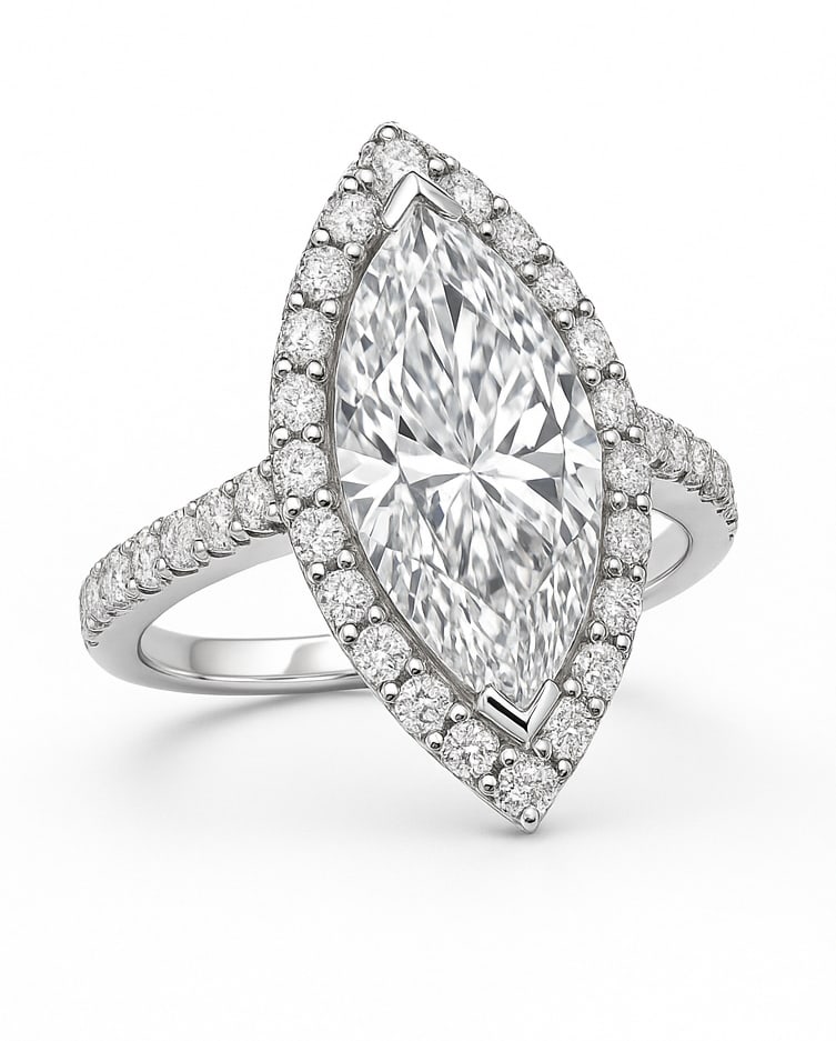 5.50 CT Lab Grown Marquise Cut Diamond Halo Ring in 14K White Gold: Exquisite 5.50 carat lab grown marquise cut diamond, framed by a halo of lab grown round brilliant diamonds with pavé detailing along the band. Crafted in polished 14K white gold, this ring radiates 