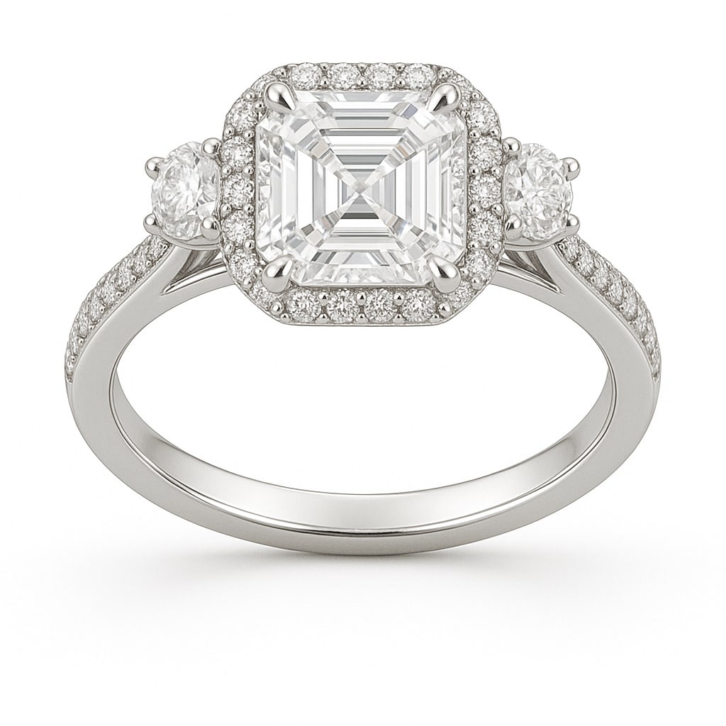 4.00 CT Lab Grown Asscher Cut Diamond Three-Stone Halo Ring in 14K White Gold: Brilliant 4.00 carat lab grown asscher cut diamond, accented with two side round diamonds and a halo of lab grown round brilliant stones. The pavé-set band in polished 14K white gold enhances the spa