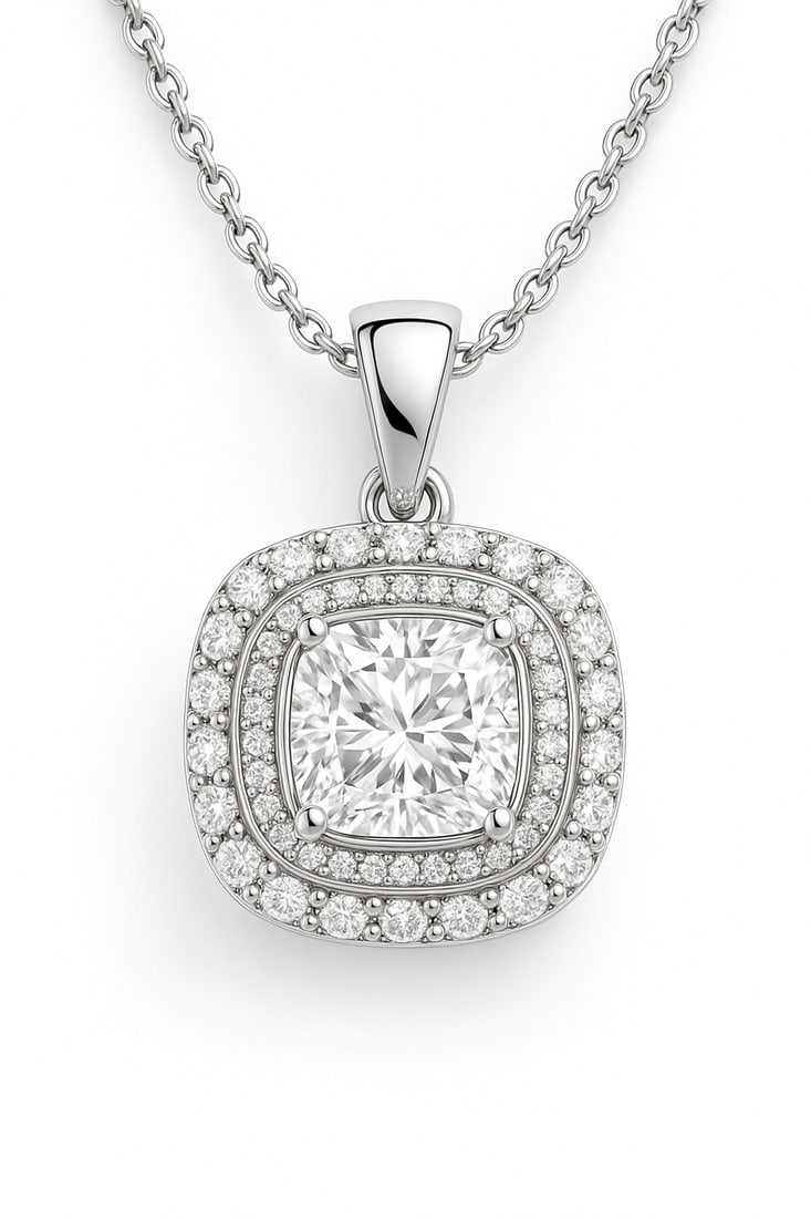 3.00 CT Lab Grown Cushion Cut Diamond Halo Pendant in 14K White Gold (Chain Not Included): Beautiful 3.00 carat lab grown cushion cut diamond, framed by a double halo of lab grown round brilliant diamonds. Set in polished 14K white gold, this pendant captures timeless elegance and radiance.