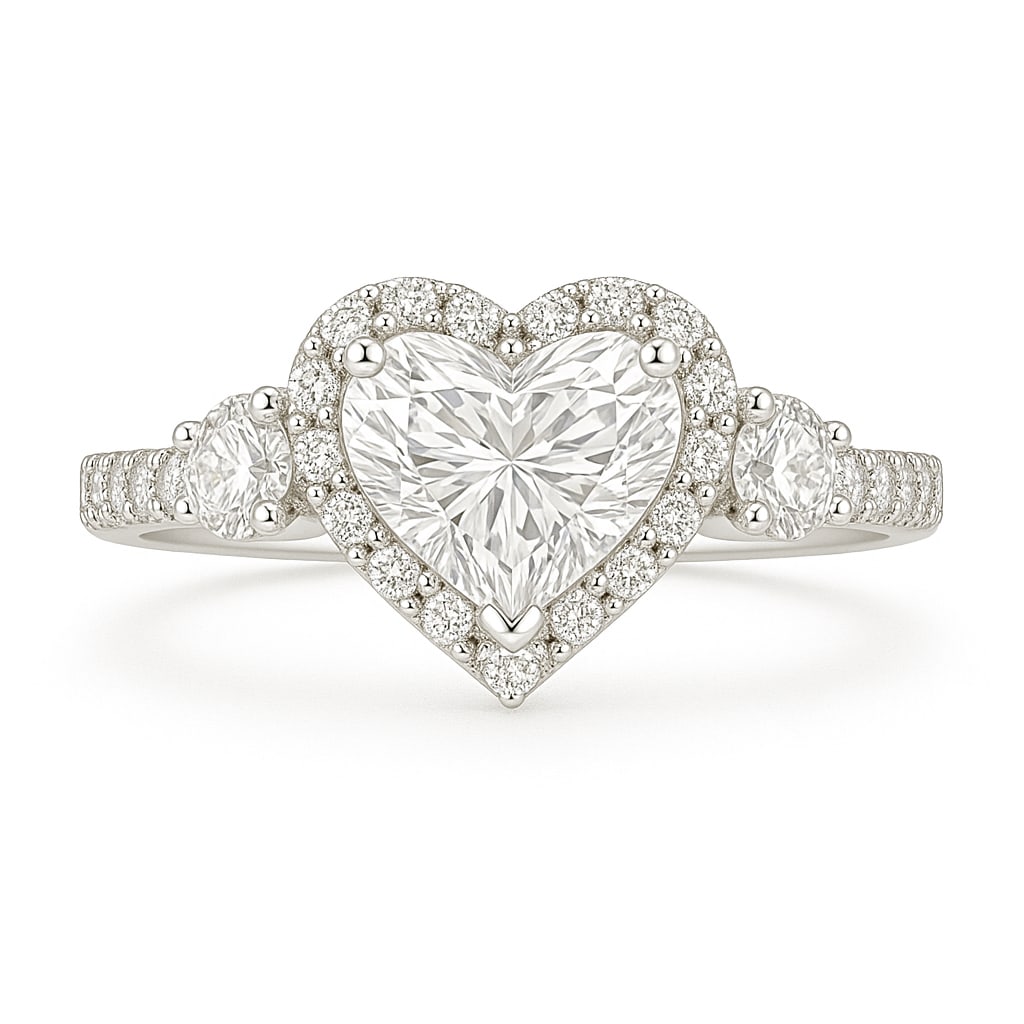 5.00 CT Lab Grown Heart Cut Diamond Halo Ring in 14K White Gold: Romantic 5.00 carat lab grown heart cut diamond, surrounded by a halo of lab grown round brilliant diamonds. Two side diamonds and a pavé-set band in polished 14K white gold add sparkle and elegance 