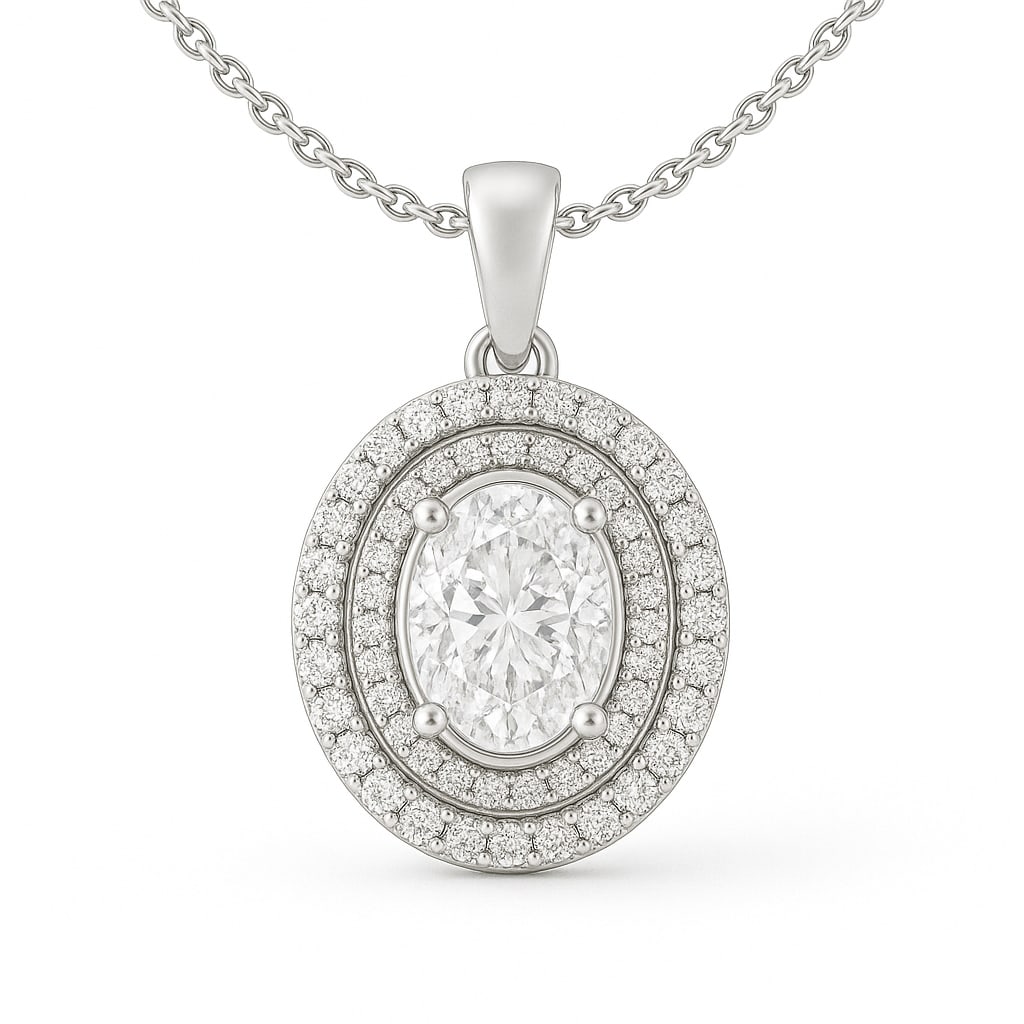 4.00 CT Lab Grown Oval Cut Diamond Double Halo Pendant in 14K White Gold (Chain Not Included): Stunning 4.00 carat lab grown oval cut diamond, encircled by a double halo of lab grown round brilliant diamonds. Set in polished 14K white gold, this pendant radiates brilliance and sophistication. (