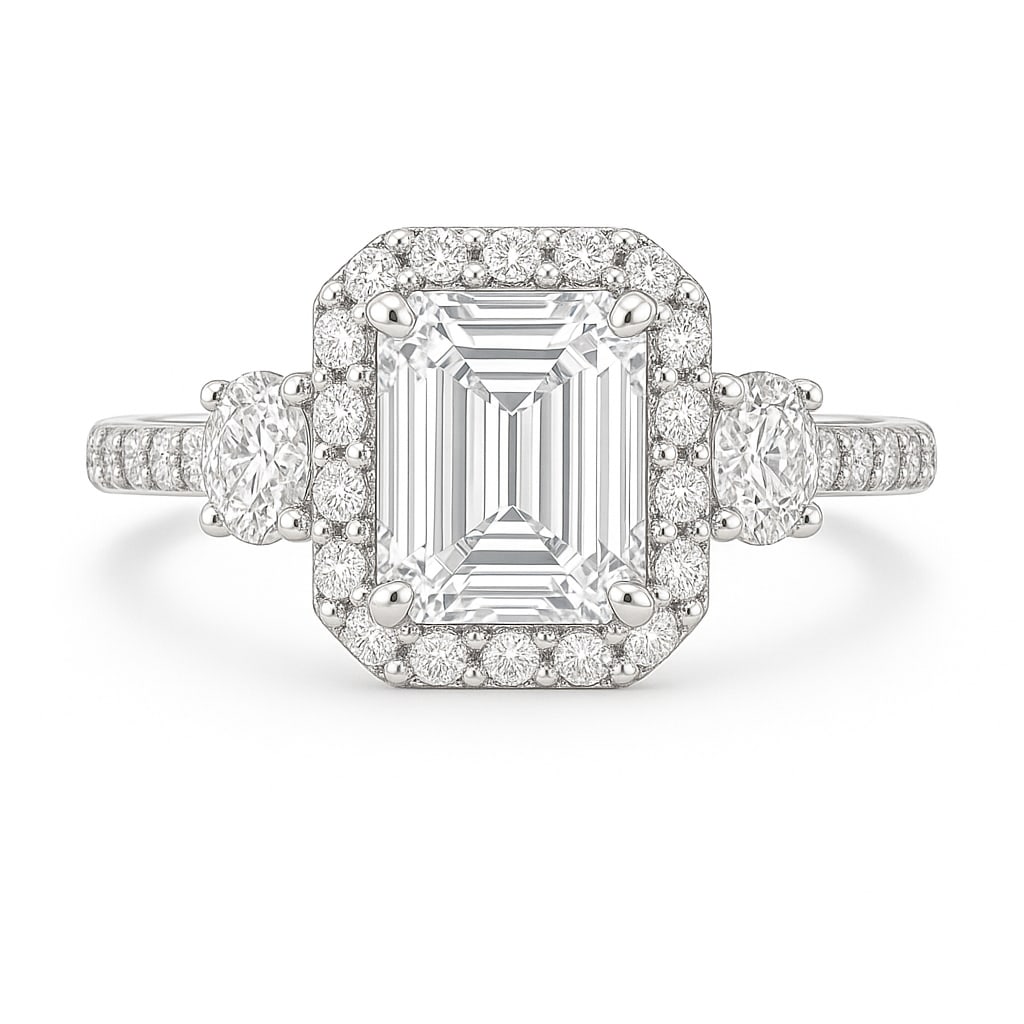 4.50 CT Lab Grown Emerald Cut Diamond Three-Stone Halo Ring in 14K White Gold: Impressive 4.50 carat lab grown emerald cut diamond centerpiece, accented by two side marquise diamonds and framed with a halo of lab grown round brilliant stones. Set on a pavé diamond band in polis