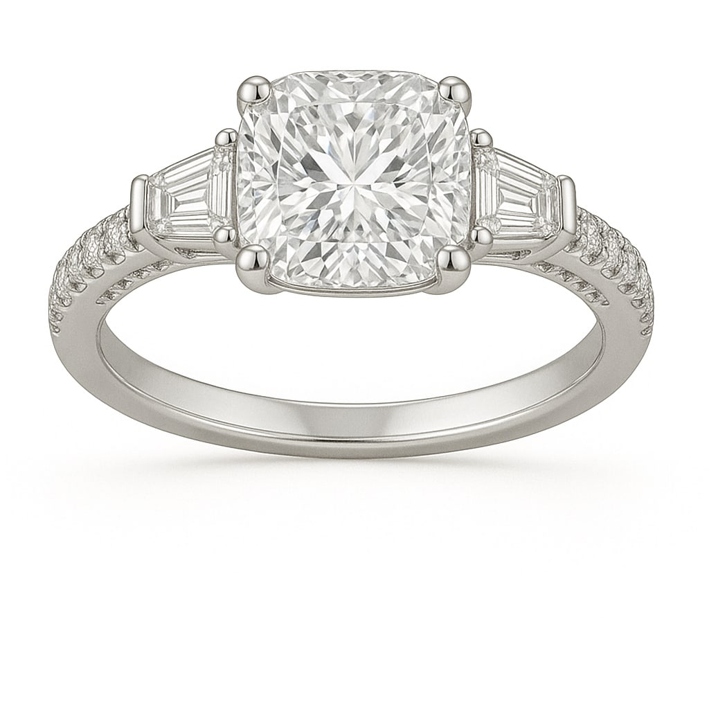 4.50 CT Lab Grown Cushion Cut Diamond Three-Stone Ring in 14K White Gold: Elegant 4.50 carat lab grown cushion cut diamond, flanked by two tapered baguette diamonds and pavé-set accents on a polished 14K white gold band. A refined three-stone design symbolizing past, prese