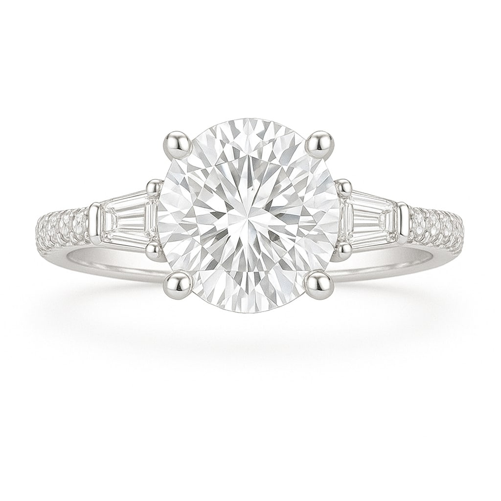 5.00 CT Lab Grown Round Brilliant Diamond Three-Stone Ring in 14K White Gold: Dazzling 5.00 carat lab grown round brilliant diamond, accented with two tapered baguette side stones and pavé-set diamonds along the polished 14K white gold band. A timeless three-stone design that 