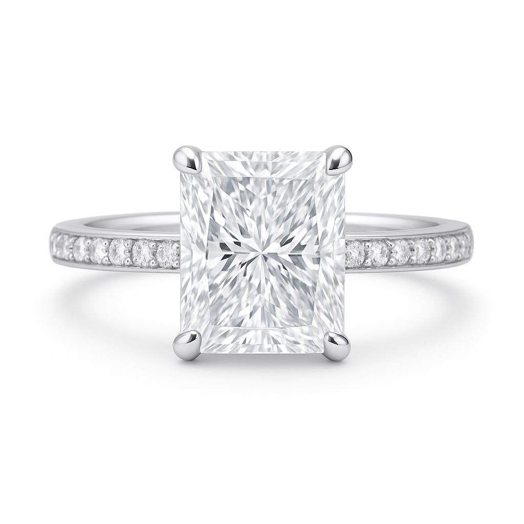 5.00 CT Lab Grown Radiant Cut Diamond Solitaire Ring in 14K White Gold: Brilliant 5.00 carat lab grown radiant cut diamond, set in a four-prong polished 14K white gold band with pavé diamond accents. A modern solitaire design combining sparkle with sophistication.Color G
