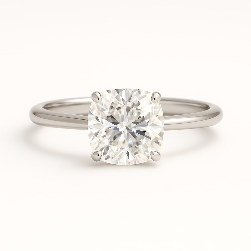 4.50 CT Lab Grown Cushion Cut Diamond Solitaire Ring in 14K White Gold: Charming 4.50 carat lab grown cushion cut diamond, prong set on a sleek polished 14K white gold band. A minimal yet sophisticated solitaire design that highlights the diamond’s brilliance.Color Grad
