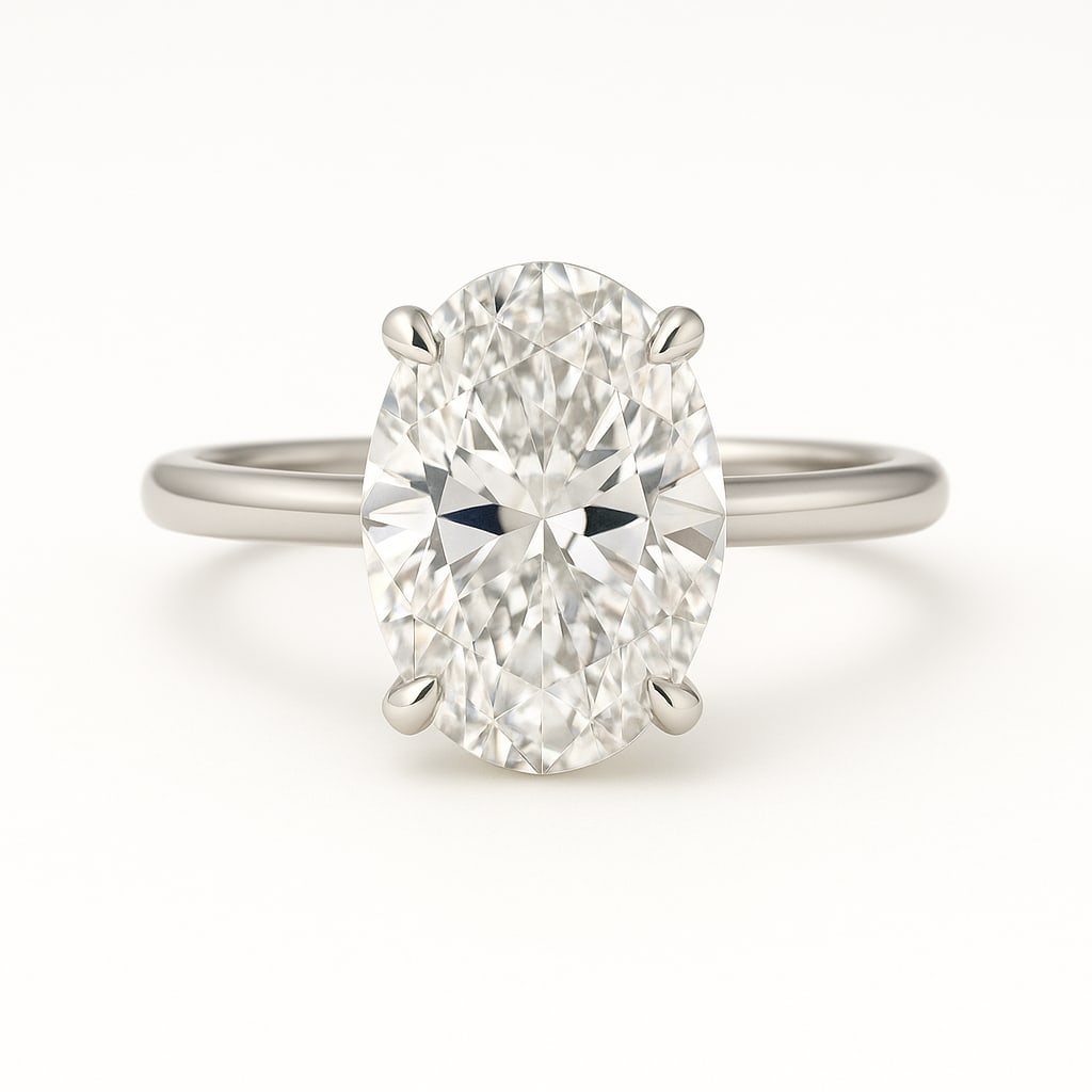 7.50 CT Lab Grown Oval Cut Diamond Solitaire Ring in 14K White Gold: Magnificent 7.50 carat lab grown oval cut diamond, prong set on a polished 14K white gold band. A bold solitaire engagement ring with graceful curves and timeless brilliance.Color Grade: D–FClarity: