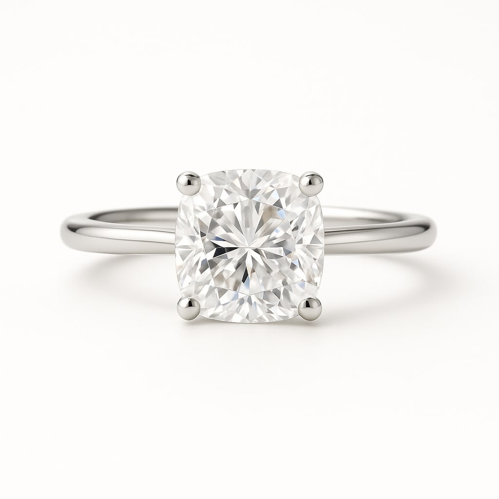 5.50 CT Lab Grown Cushion Cut Diamond Solitaire Ring in 14K White Gold: Elegant 5.50 carat lab grown cushion cut diamond solitaire, prong set on a sleek polished 14K white gold band. A timeless and sophisticated engagement ring style that lets the diamond shine at its bes