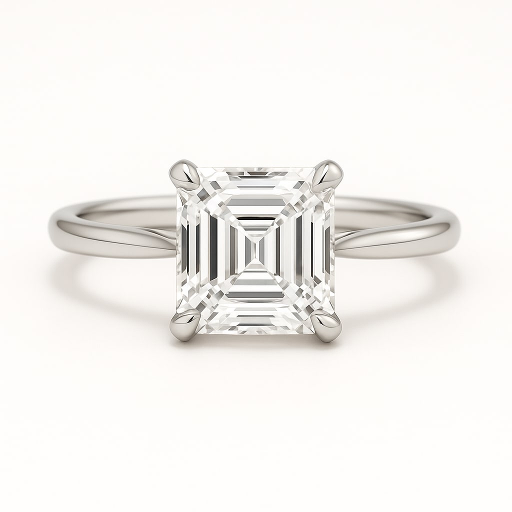 5.00 CT Lab Grown Asscher Cut Diamond Solitaire Ring in 14K White Gold: Sophisticated 5.00 carat lab grown asscher cut diamond, prong set on a polished 14K white gold band. The step-cut facets highlight clarity and symmetry, making this solitaire design timelessly elegant