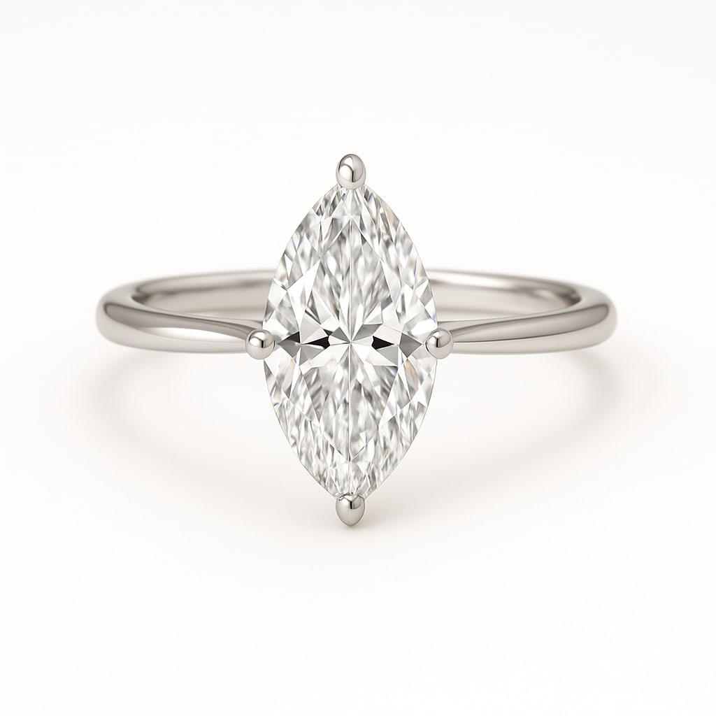 4.00 CT Lab Grown Marquise Cut Diamond Solitaire Ring in 14K White Gold: Graceful 4.00 carat lab grown marquise cut diamond, prong set on a sleek polished 14K white gold band. A sophisticated solitaire design that blends timeless elegance with modern simplicity.Color Grade