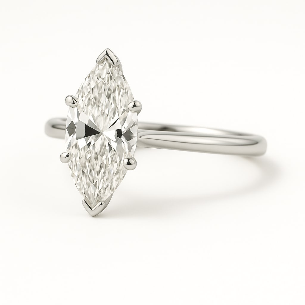 3.50 CT Lab Grown Marquise Cut Diamond Solitaire Ring in 14K White Gold: Elegant 3.50 carat lab grown marquise cut diamond, prong set in a polished 14K white gold band. A timeless solitaire ring that combines brilliance and sophistication in a sleek design.Color Grade: D��
