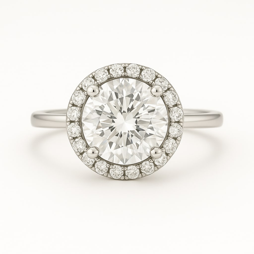 5.00 CT Lab Grown Round Brilliant Diamond Halo Ring in 14K White Gold: Brilliant 5.00 carat lab grown round diamond, encircled by a halo of lab grown round brilliant diamonds on a polished 14K white gold band. A timeless design that maximizes sparkle and elegance.Color G