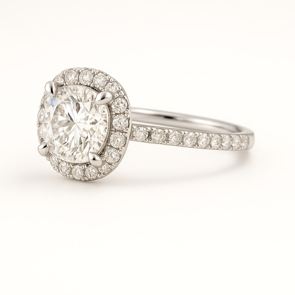 3.50 CT Lab Grown Round Brilliant Diamond Halo Ring in 14K White Gold: Elegant 3.50 carat lab grown round brilliant diamond, surrounded by a halo of lab grown diamonds and pavé-set accents along the polished 14K white gold band. A refined design that radiates brilliance
