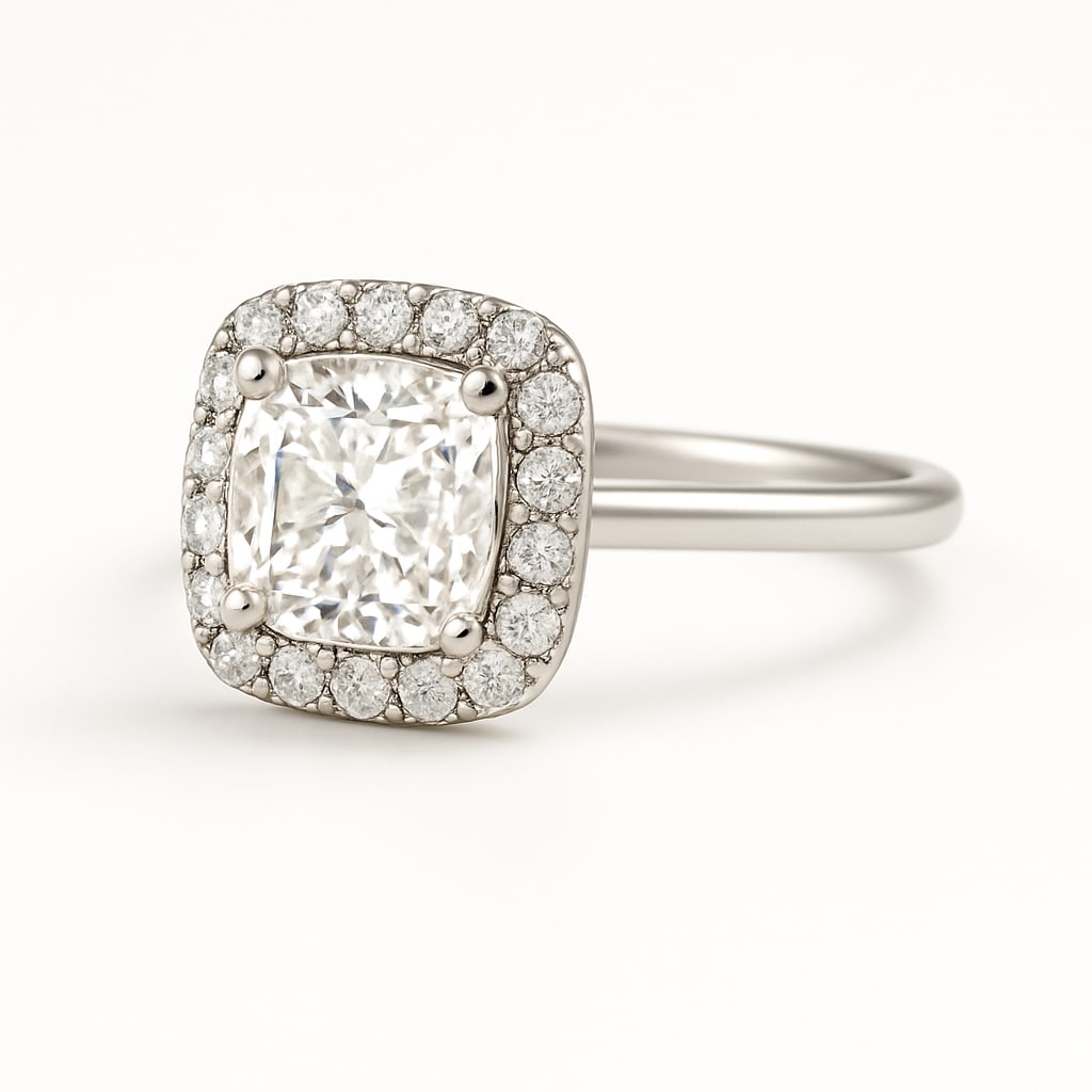 5.00 CT Lab Grown Cushion Cut Diamond Halo Ring in 14K White Gold: Stunning 5.00 carat lab grown cushion cut diamond, surrounded by a halo of lab grown round brilliant diamonds on a polished 14K white gold band. A radiant design that combines brilliance with timeless