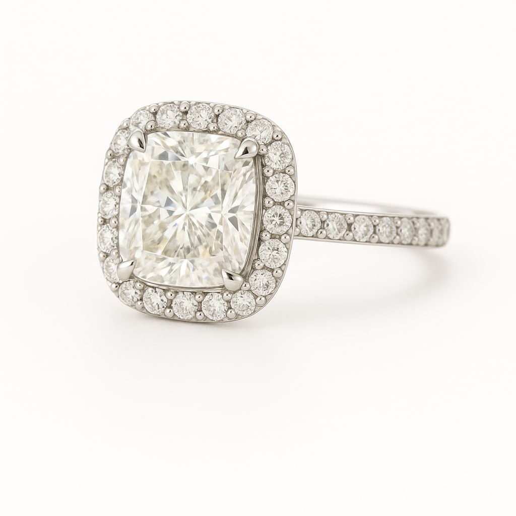 4.50 CT Lab Grown Cushion Cut Diamond Halo Ring in 14K White Gold: Brilliant 4.50 carat lab grown cushion cut diamond, surrounded by a halo of lab grown round brilliant diamonds and pavé-set accents on the band. Set in polished 14K white gold, this ring radiates ele