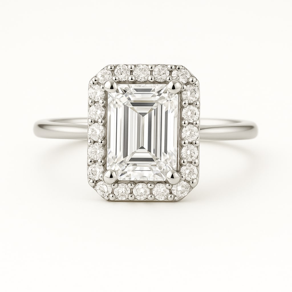 5.00 CT Lab Grown Emerald Cut Diamond Halo Ring in 14K White Gold: Exquisite 5.00 carat lab grown emerald cut diamond, surrounded by a halo of lab grown round brilliant diamonds. Set in polished 14K white gold, this ring combines timeless sophistication with radiant 