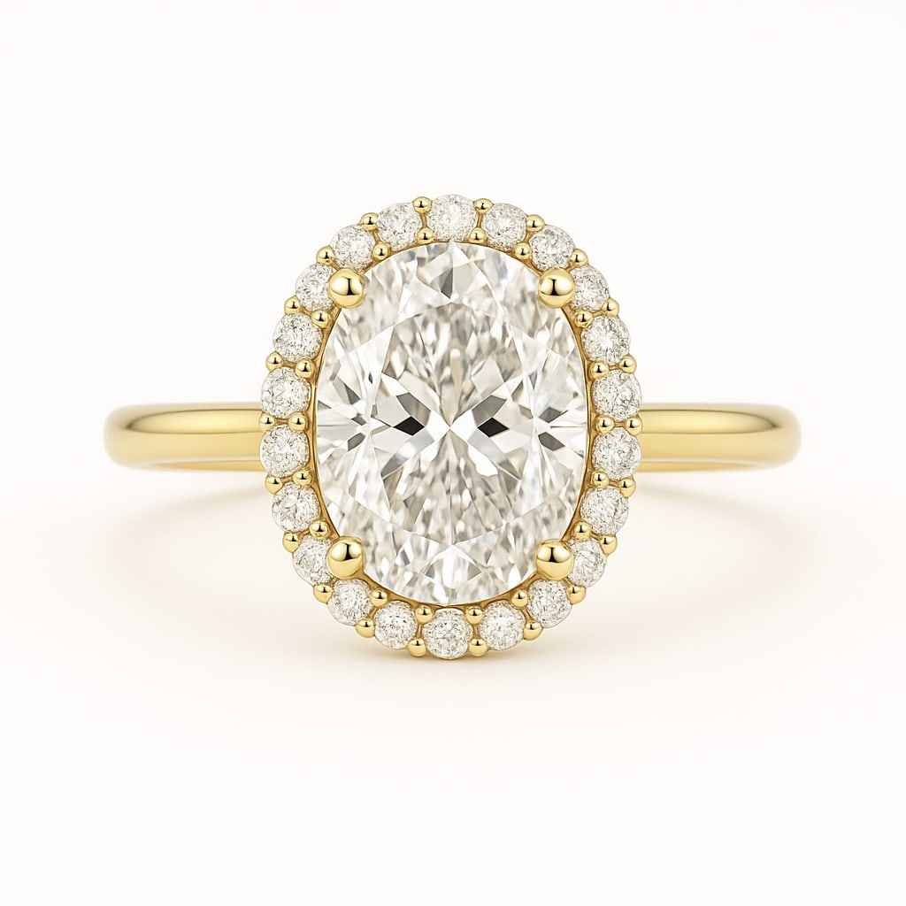 6.50 CT Lab Grown Oval Cut Diamond Halo Ring in 14K Yellow Gold: Magnificent 6.50 carat lab grown oval cut diamond, encircled by a halo of lab grown round brilliant diamonds. Crafted in polished 14K yellow gold, this engagement ring exudes luxury and timeless elega