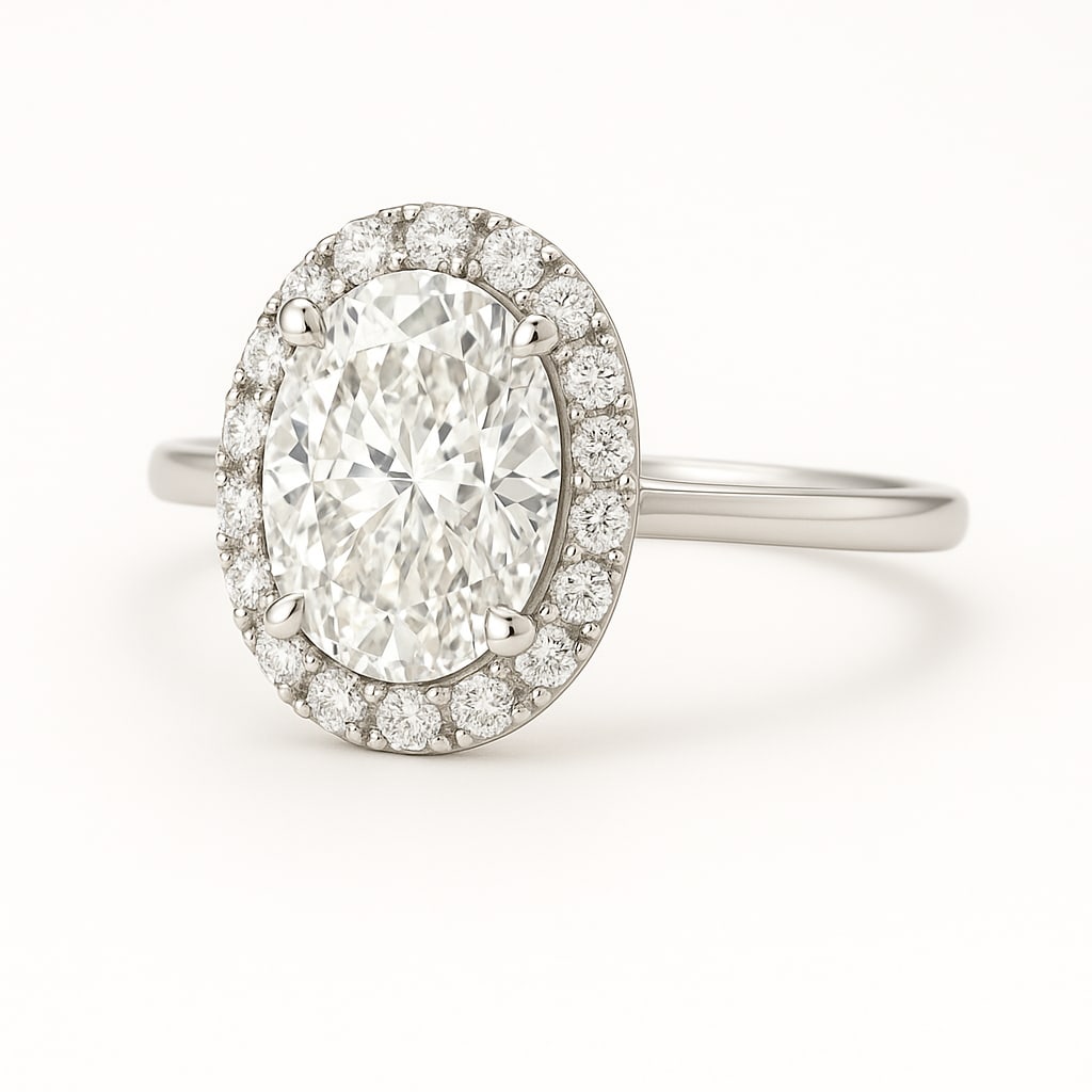 6.00 CT Lab Grown Oval Cut Diamond Halo Ring in 14K White Gold: Exquisite 6.00 carat lab grown oval cut diamond, framed by a halo of lab grown round brilliant diamonds. Set in polished 14K white gold, this design delivers brilliance and timeless charm.Color Grade: