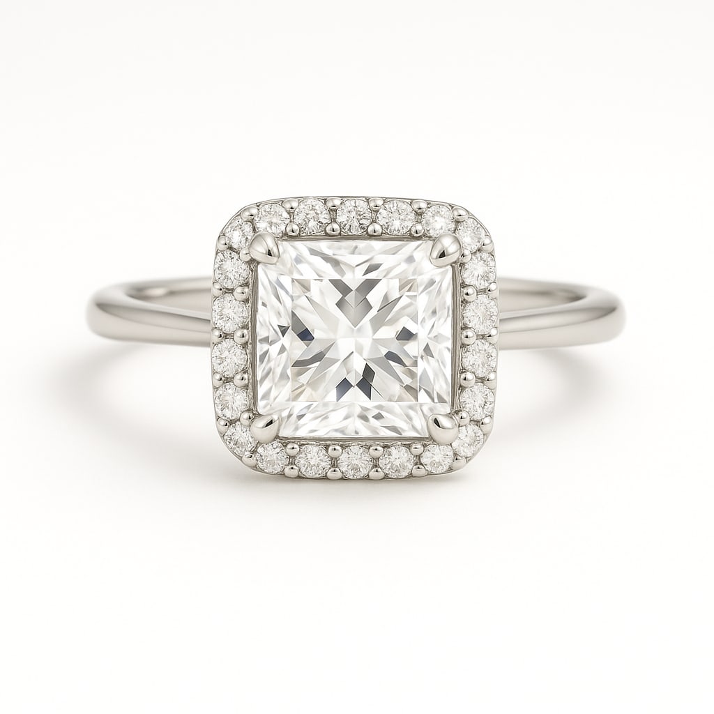 4.00 CT Lab Grown Princess Cut Diamond Halo Ring in 14K White Gold: Stunning 4.00 carat lab grown princess cut diamond, surrounded by a halo of lab grown round brilliant diamonds. Set in polished 14K white gold, this halo ring blends modern sharp lines with dazzling b
