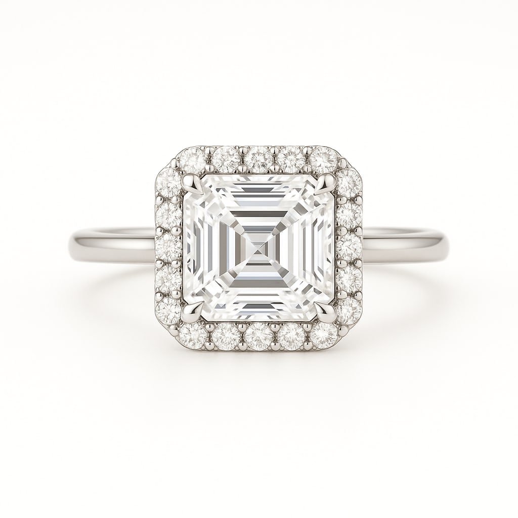 5.00 CT Lab Grown Asscher Cut Diamond Halo Ring in 14K White Gold: Sophisticated 5.00 carat lab grown asscher cut diamond, surrounded by a halo of lab grown round brilliant diamonds. Set in polished 14K white gold, this design combines timeless step-cut elegance with
