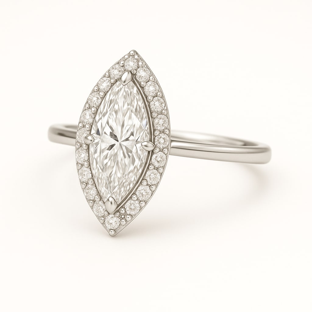 4.50 CT Lab Grown Marquise Cut Diamond Halo Ring in 14K White Gold: Dazzling 4.50 carat lab grown marquise cut diamond, encircled by a halo of lab grown round brilliant diamonds. Set in polished 14K white gold, this ring showcases a striking silhouette with timeless s
