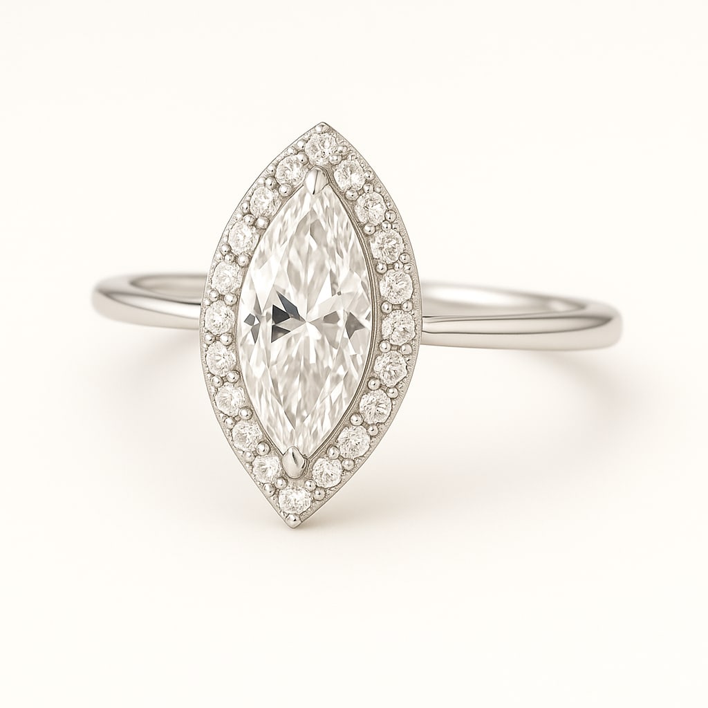 2.50 CT Lab Grown Marquise Cut Diamond Halo Ring in 14K White Gold: Elegant 2.50 carat lab grown marquise cut diamond, framed by a halo of lab grown round brilliant diamonds. Set in polished 14K white gold, this ring delivers a refined silhouette with sparkling brilli