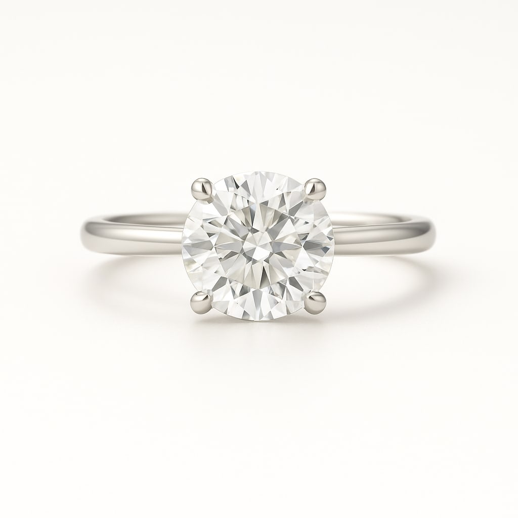 3.50 CT Lab Grown Round Brilliant Diamond Solitaire Ring in 14K White Gold: Timeless 3.50 carat lab grown round brilliant diamond, prong set on a polished 14K white gold band. A minimalist solitaire engagement ring that highlights the diamond’s brilliance.Color Grade: D–F