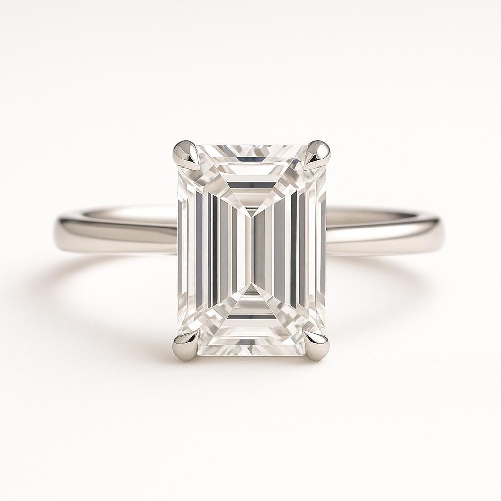 6.50 CT Lab Grown Oval Cut Diamond Three-Stone Ring in 14K White Gold: Magnificent 6.50 carat lab grown oval cut diamond, accented with two tapered baguette side stones. Set in polished 14K white gold, this three-stone engagement ring symbolizes past, present, and future
