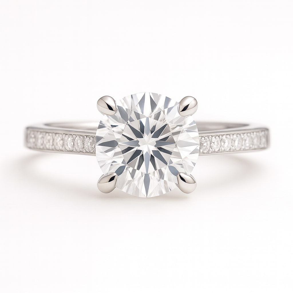 2.50 CT Lab Grown Round Brilliant Diamond Solitaire Ring with Pavé Band in 14K White Gold: Beautiful 2.50 carat lab grown round brilliant diamond solitaire, prong set on a polished 14K white gold band adorned with pavé-set diamonds. A refined engagement ring design that enhances sparkle an