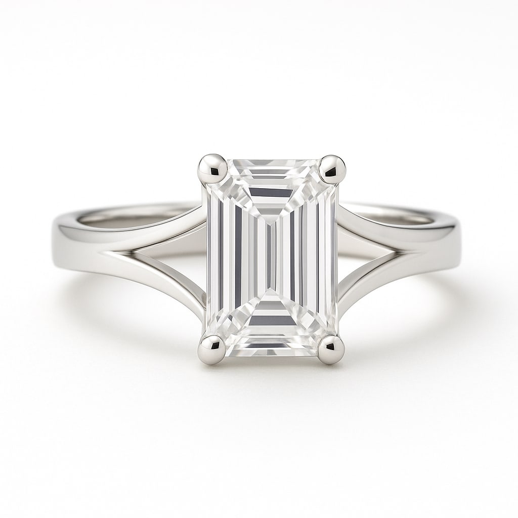 4.00 CT Lab Grown Emerald Cut Diamond Solitaire Ring in 14K White Gold: Elegant 4.00 carat lab grown emerald cut diamond solitaire, set in a polished 14K white gold split-shank band. A sophisticated engagement ring design highlighting the clean step-cut facets and symmetr
