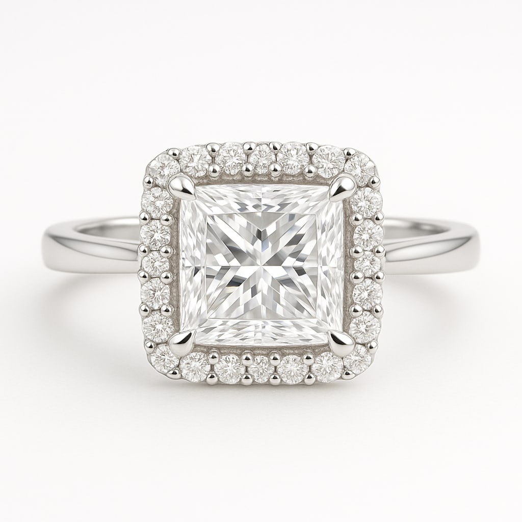 4.00 CT Lab Grown Princess Cut Diamond Halo Ring in 14K White Gold: Stunning 4.00 carat lab grown princess cut diamond, surrounded by a halo of lab grown round brilliant diamonds. Set in polished 14K white gold, this design blends sharp modern lines with radiant brill