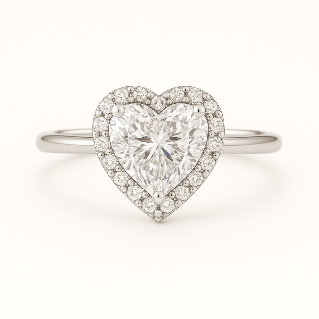 4.50 CT Lab Grown Heart Cut Diamond Halo Ring in 14K White Gold: Romantic 4.50 carat lab grown heart cut diamond, encircled by a halo of lab grown round brilliant diamonds. Set in polished 14K white gold, this ring radiates love, sparkle, and timeless elegance.Colo
