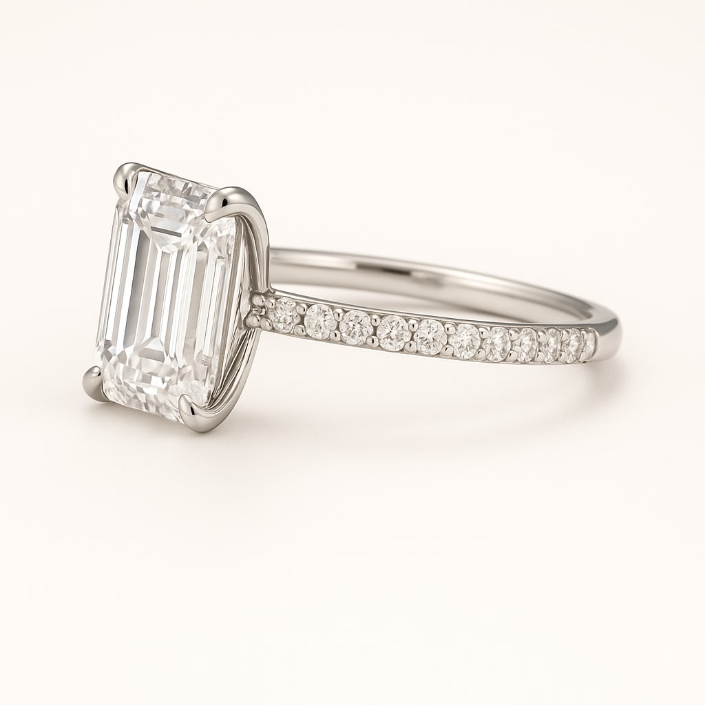 4.00 CT Lab Grown Emerald Cut Diamond Solitaire Ring with Pavé Band in 14K White Gold: Elegant 4.00 carat lab grown emerald cut diamond, prong set on a polished 14K white gold band accented with pavé-set diamonds. A sophisticated solitaire engagement ring that combines clean lines with