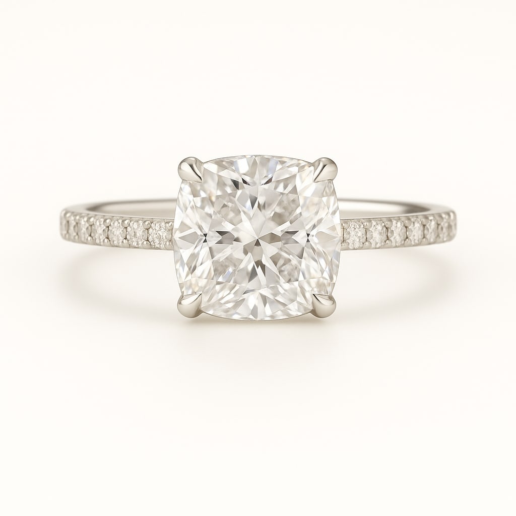 5.00 CT Lab Grown Cushion Cut Diamond Solitaire Ring with Pavé Band in 14K White Gold: Exquisite 5.00 carat lab grown cushion cut diamond, prong set on a polished 14K white gold pavé band. A timeless solitaire engagement ring that blends elegance with modern sparkle.Color Grade: D–FC