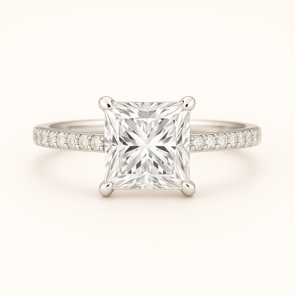 3.50 CT Lab Grown Princess Cut Diamond Solitaire Ring with Pavé Band in 14K White Gold: Beautiful 3.50 carat lab grown princess cut diamond, prong set on a polished 14K white gold pavé band. A refined solitaire engagement ring that combines modern geometry with radiant sparkle.Color Gra