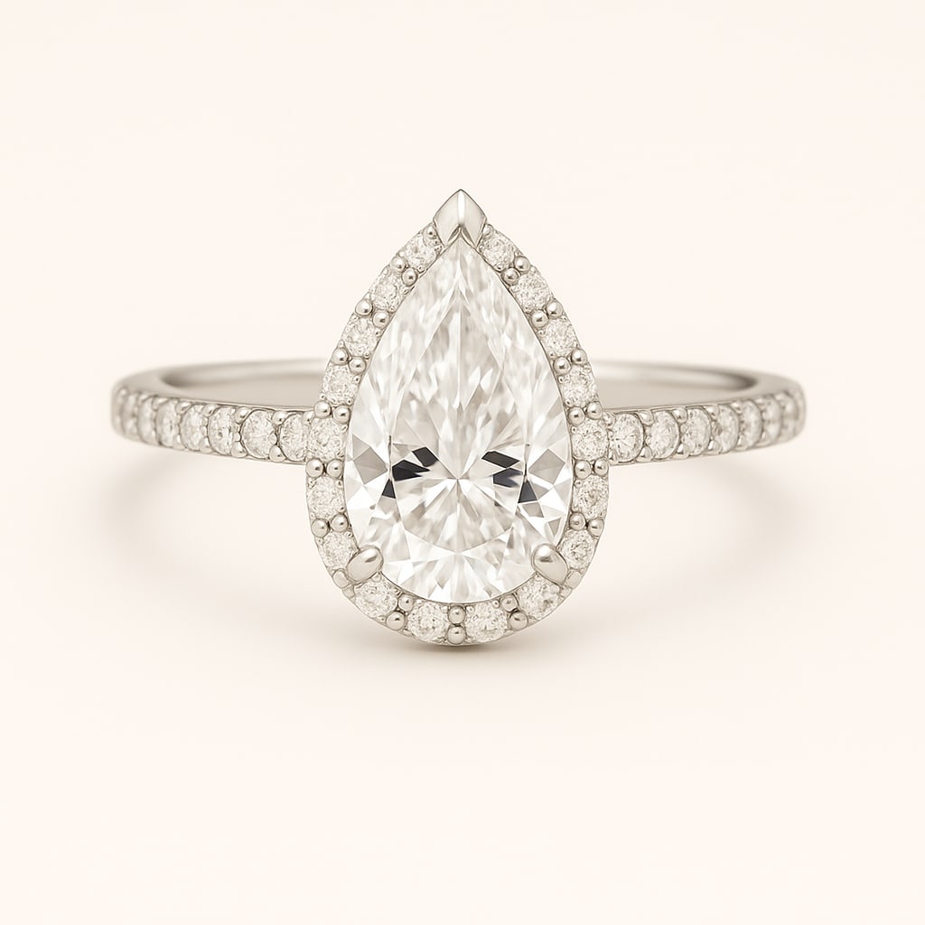 4.00 CT Lab Grown Pear Cut Diamond Halo Ring with Pavé Band in 14K White Gold: Exquisite 4.00 carat lab grown pear cut diamond, surrounded by a halo of lab grown round brilliant diamonds and set on a polished 14K white gold pavé band. A timeless engagement ring that blends spar