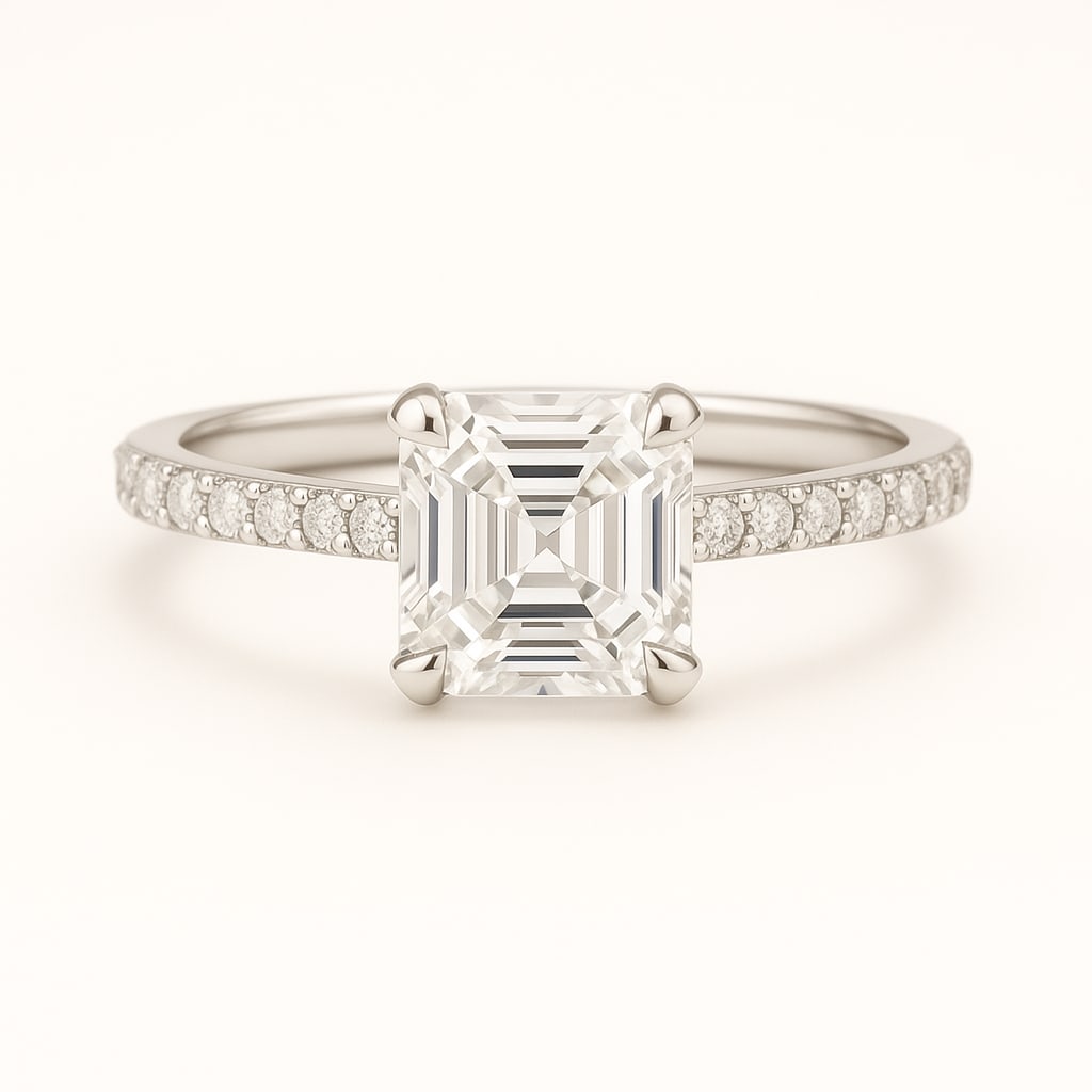 3.50 CT Lab Grown Asscher Cut Diamond Solitaire Ring with Pavé Band in 14K White Gold: Elegant 3.50 carat lab grown asscher cut diamond, prong set on a polished 14K white gold pavé band. A sophisticated solitaire engagement ring that highlights the clean symmetry and timeless brillianc