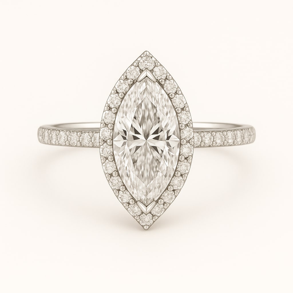 3.50 CT Lab Grown Marquise Cut Diamond Double Halo Ring in 14K White Gold: Graceful 3.50 carat lab grown marquise cut diamond, surrounded by a double halo of lab grown round brilliant diamonds and set on a polished 14K white gold pavé band. A striking engagement ring with m