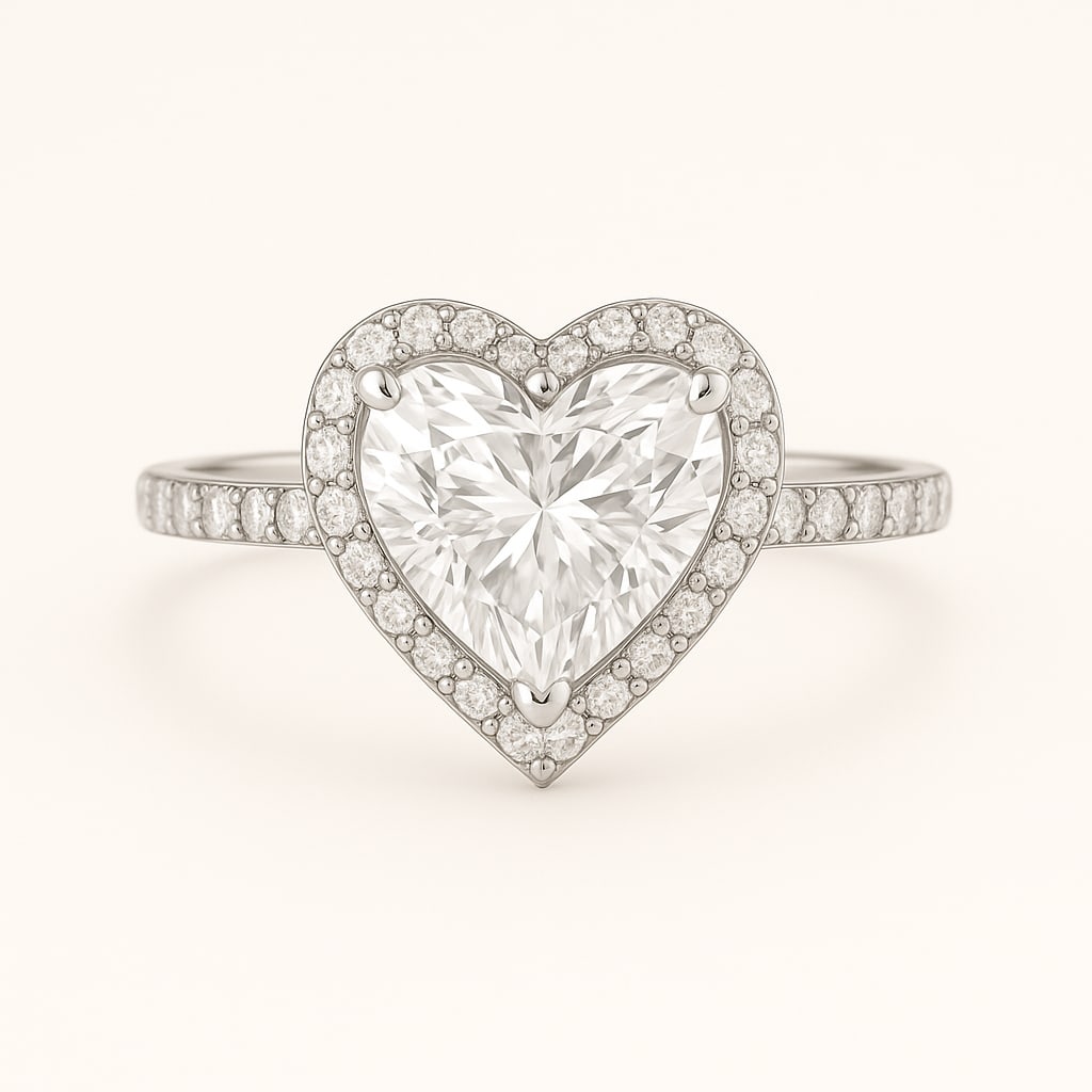 5.00 CT Lab Grown Heart Cut Diamond Halo Ring in 14K White Gold: Romantic 5.00 carat lab grown heart cut diamond, surrounded by a halo of lab grown round brilliant diamonds and set on a polished 14K white gold pavé band. A sparkling engagement ring symbolizing lov
