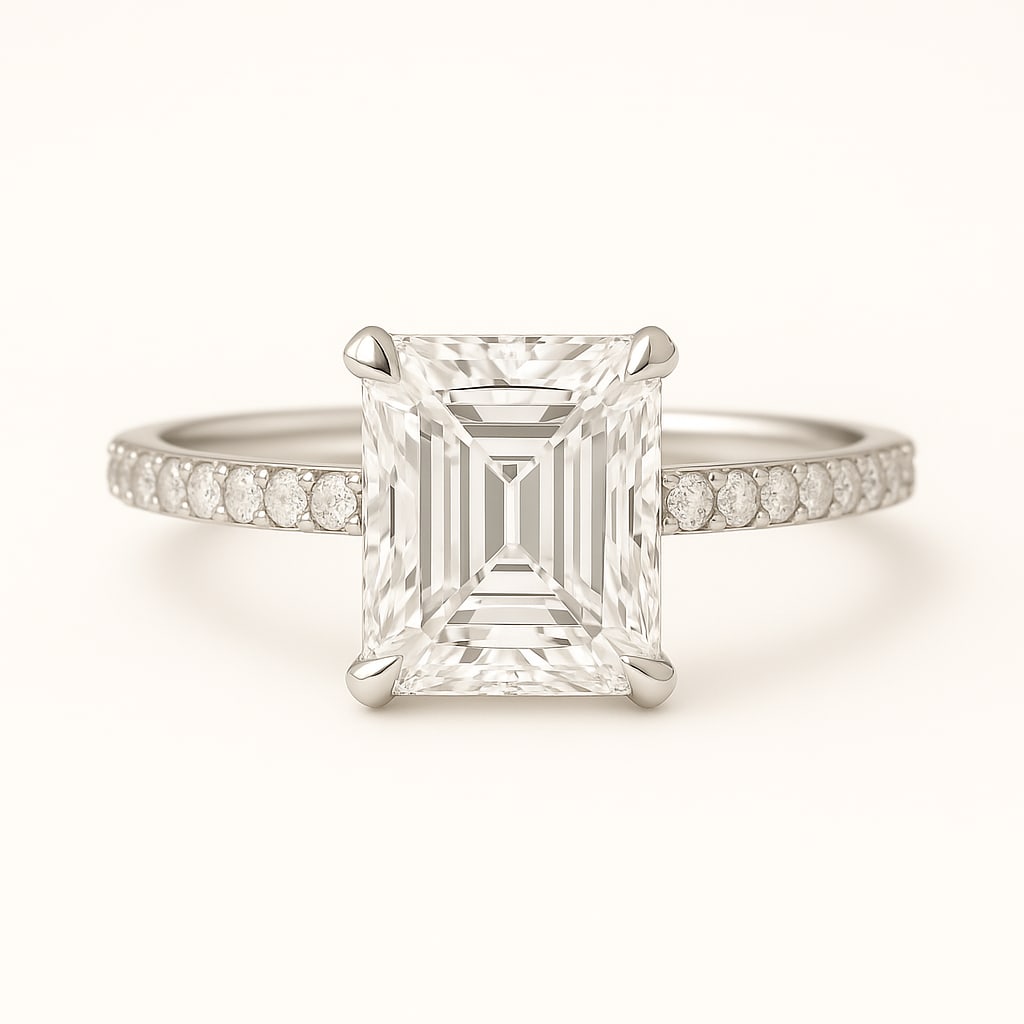 4.50 CT Lab Grown Emerald Cut Diamond Solitaire Ring with Pavé Band in 14K White Gold: Stunning 4.50 carat lab grown emerald cut diamond, prong set on a polished 14K white gold pavé band. This solitaire engagement ring emphasizes the diamond’s step-cut elegance while adding extra bri