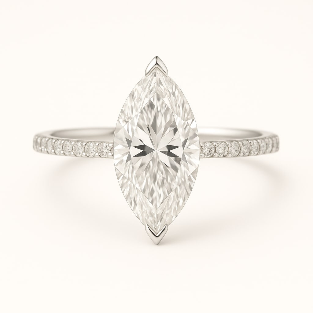4.00 CT Lab Grown Marquise Cut Diamond Solitaire Ring with Pavé Band in 14K White Gold: Elegant 4.00 carat lab grown marquise cut diamond, prong set on a polished 14K white gold pavé band. A timeless solitaire engagement ring with a sleek elongated shape and radiant brilliance.Color Gra