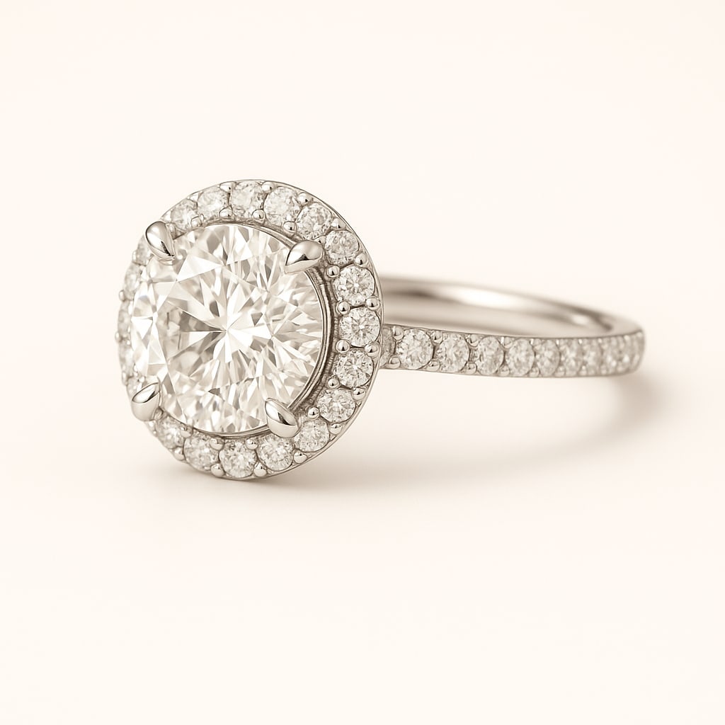 3.50 CT Lab Grown Round Brilliant Diamond Halo Ring with Pavé Band in 14K White Gold: Elegant 3.50 carat lab grown round brilliant diamond, surrounded by a halo of lab grown round brilliant diamonds and set on a polished 14K white gold pavé band. A timeless engagement ring design radi