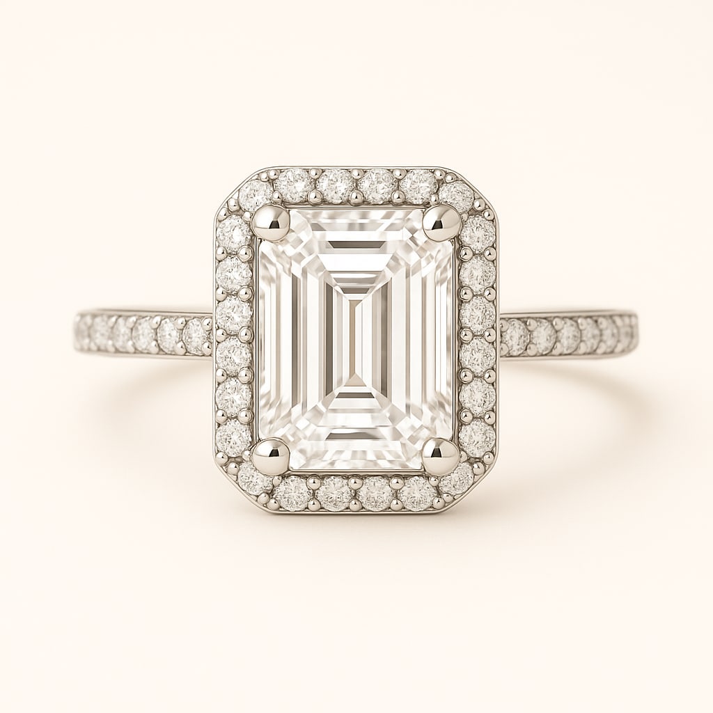 4.50 CT Lab Grown Emerald Cut Diamond Halo Ring with Pavé Band in 14K White Gold: Stunning 4.50 carat lab grown emerald cut diamond, framed by a halo of lab grown round brilliant diamonds and set on a polished 14K white gold pavé band. A sophisticated engagement ring that blends t