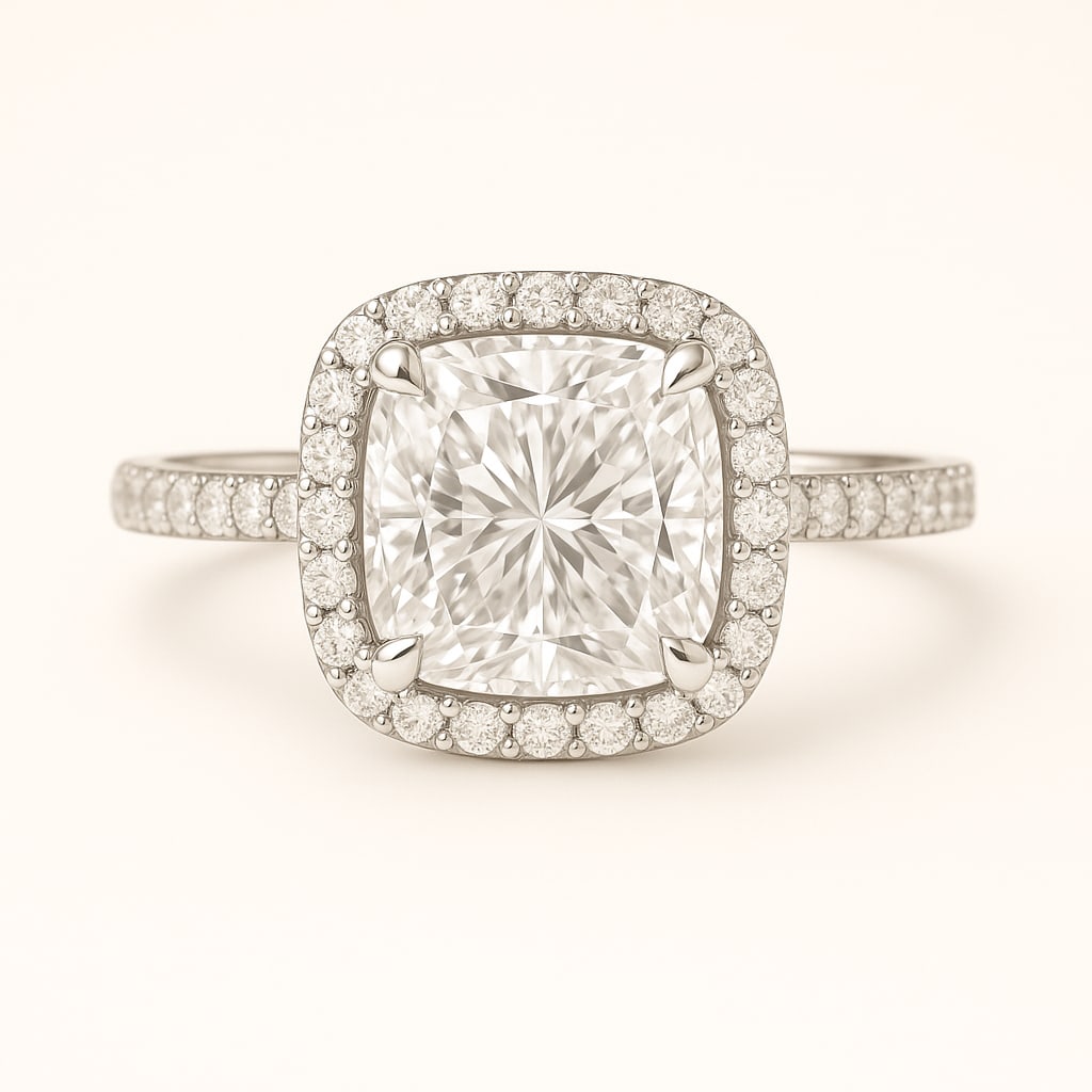 5.50 CT Lab Grown Cushion Cut Diamond Halo Ring with Pavé Band in 14K White Gold: Stunning 5.50 carat lab grown cushion cut diamond, framed by a halo of lab grown round brilliant diamonds and set on a polished 14K white gold pavé band. A glamorous engagement ring that combines bri
