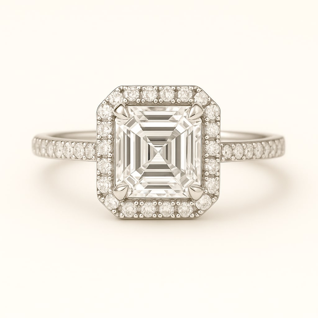 3.50 CT Lab Grown Asscher Cut Diamond Halo Ring with Pavé Band in 14K White Gold: Sophisticated 3.50 carat lab grown asscher cut diamond, surrounded by a halo of lab grown round brilliant diamonds and set on a polished 14K white gold pavé band. A refined engagement ring that blend