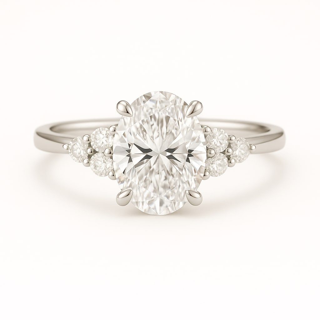 4.50 CT Lab Grown Oval Cut Diamond Three-Stone Ring in 14K White Gold: Exquisite 4.50 carat lab grown oval cut diamond, accented with clusters of lab grown round brilliant diamonds on each side. Set in polished 14K white gold, this three-stone engagement ring offers spar