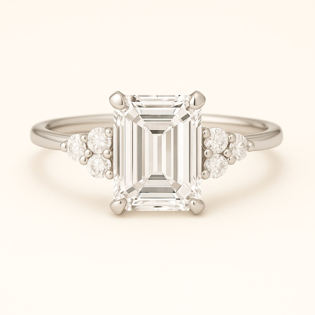4.50 CT Lab Grown Emerald Cut Diamond Three-Stone Ring in 14K White Gold: Elegant 4.50 carat lab grown emerald cut diamond, accented with clusters of lab grown round brilliant diamonds on each side. Set in polished 14K white gold, this three-stone engagement ring combines s